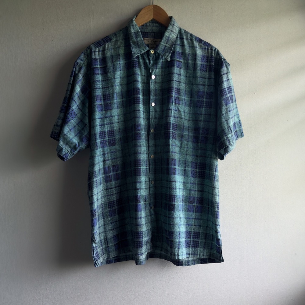 Vintage 90's Tori Richard Shirt Mens Large Blue Green Cotton Lawn Hawaiian Plaid - Picture 1 of 9